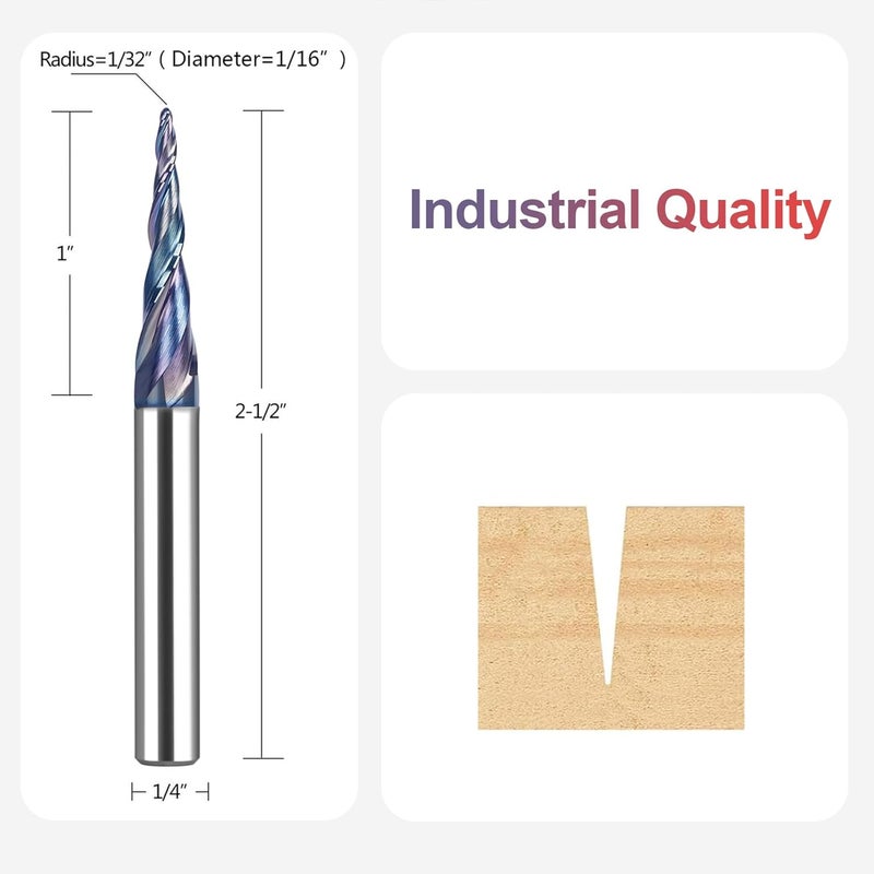 SpeTool TAC Coated Tapered Ball Nose End Mill 1/4" Shank 1/32" Cutting Radius, CNC Router Bit for 3D Carving Engraving - Image 5